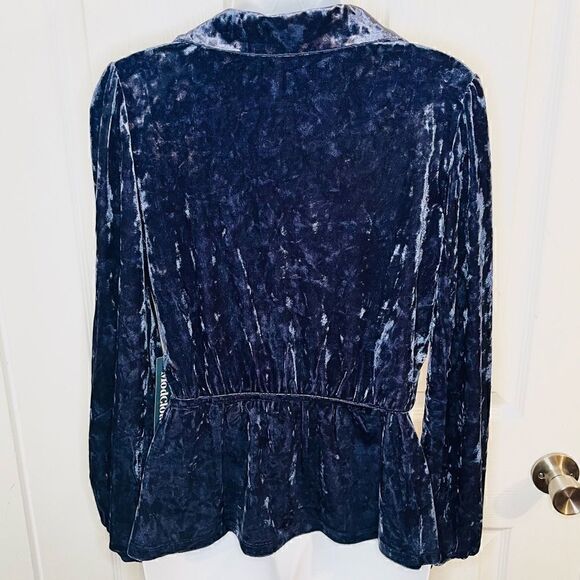 Modcloth Peak of Chic Crushed Velvet Top Faux Wrap Puff Sleeve Blue S - Picture 9 of 11